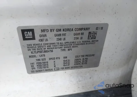 2018 Chevrolet Trax Lt из США, поврежденный, VIN KL7CJPSB7JB654756